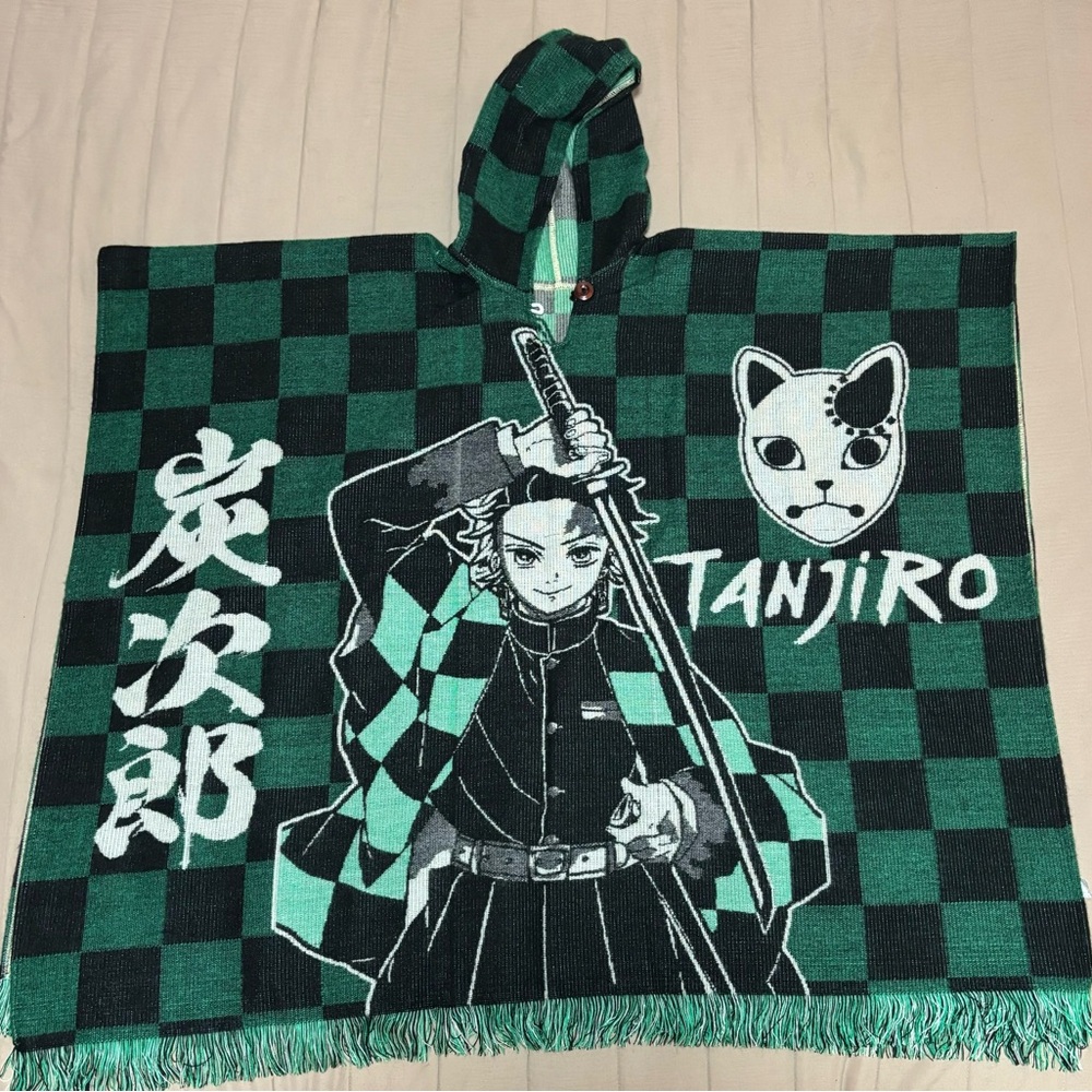 Green and Black Checkered Hooded Poncho